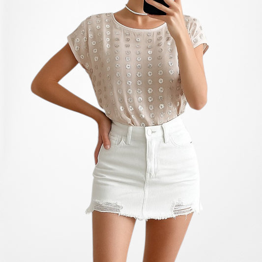 Vintage Y2K Pink Sequin Short Sleeve Blouse Top Size S