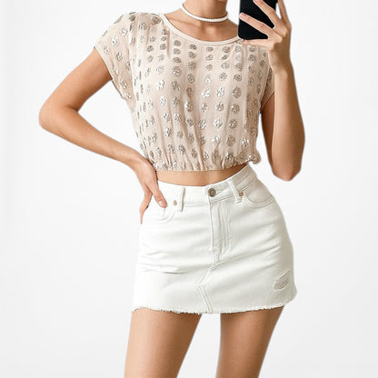 Vintage Y2K Pink Sequin Short Sleeve Blouse Top Size S