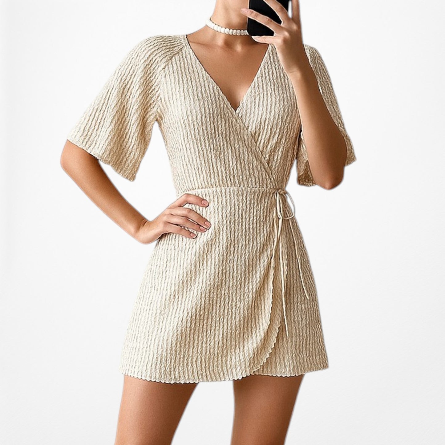 Zara Off White Cream Ruffle Short Sleeve Wrap Flared Sequin Mini Dress Size L