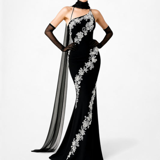 Vintage Black White Floral Beaded One Shoulder Silk Formal Maxi Bodycon Prom Dress Size M