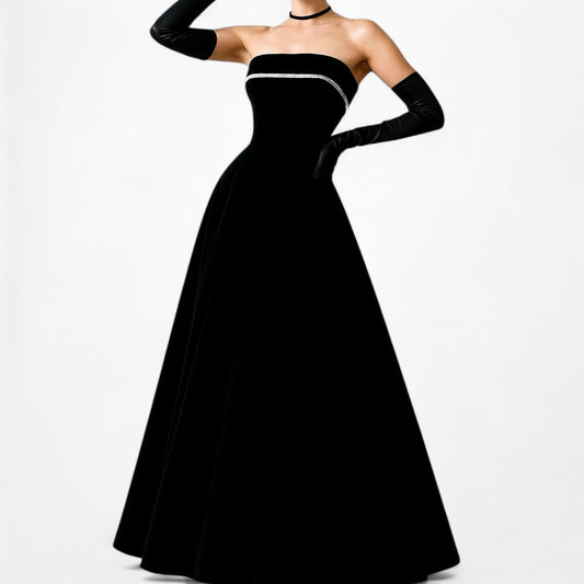 Vintage Black Strapless Rhinestone Embellished Velvet Fit Flared Maxi Formal Dress Size S