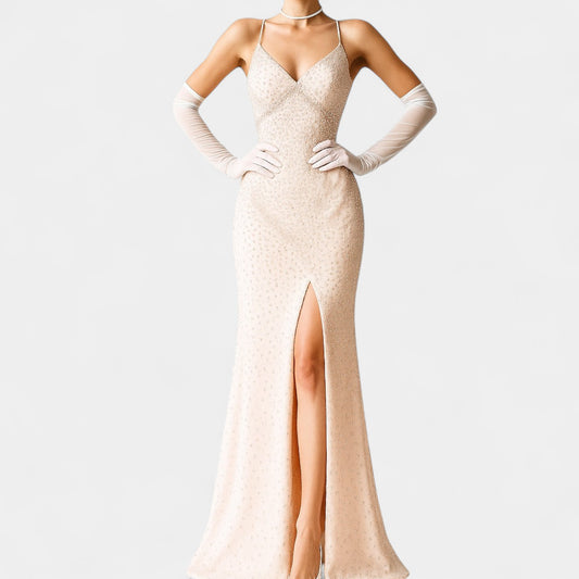 Vintage Pink Peach Beaded Thigh High Slit Fit Flared Maxi Formal Prom Cocktail Dress Size M