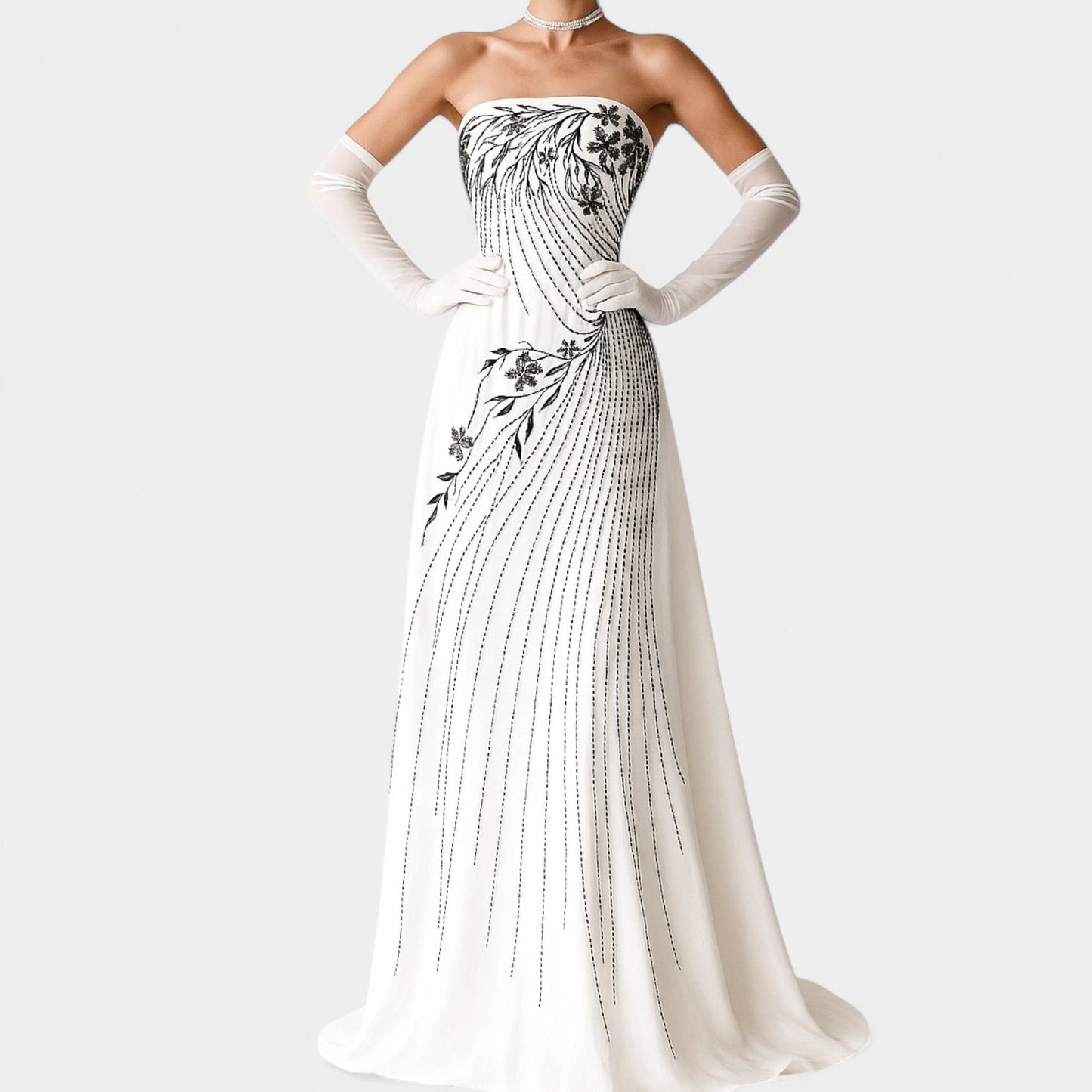 White Strapless Floral Beaded Silk Fit Flared Maxi Formal Prom Dress Size 6/M