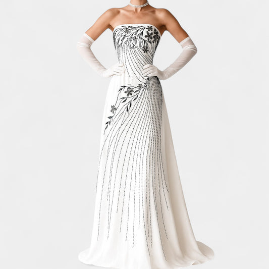 White Strapless Floral Beaded Silk Fit Flared Maxi Formal Prom Dress Size 6/M