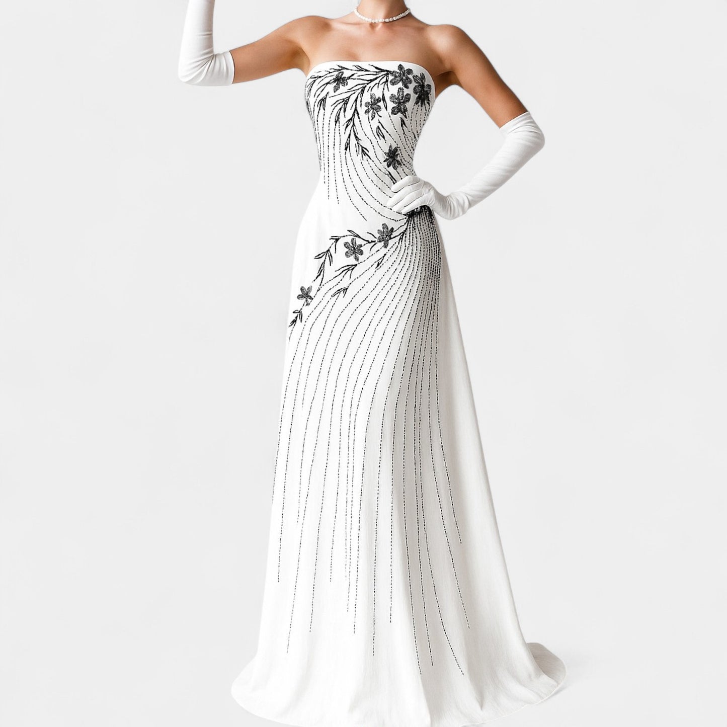 White Strapless Floral Beaded Silk Fit Flared Maxi Formal Prom Dress Size 6/M