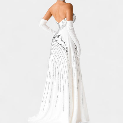 White Strapless Floral Beaded Silk Fit Flared Maxi Formal Prom Dress Size 6/M