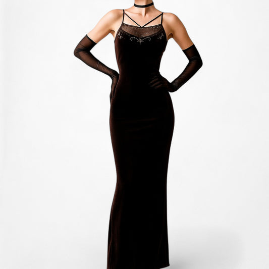 Vintage Brown Velvet Beaded Mesh Maxi Bodycon Formal Prom Dress Size L/XL