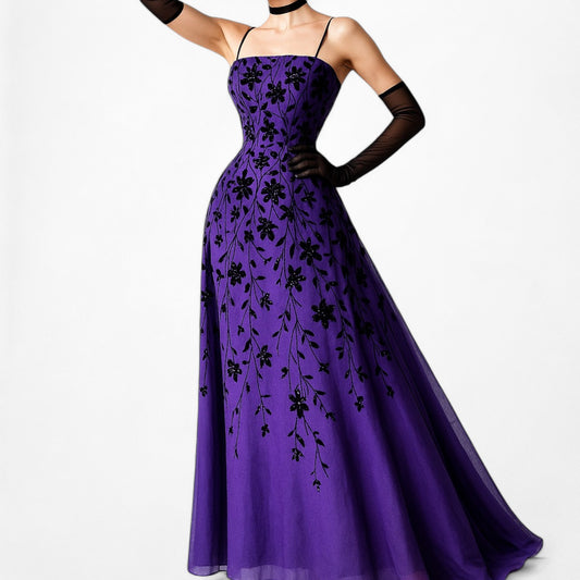 Vintage Purple Black Floral Velvet Strapless Fit Flared Maxi Formal Cocktail Dress Size XS