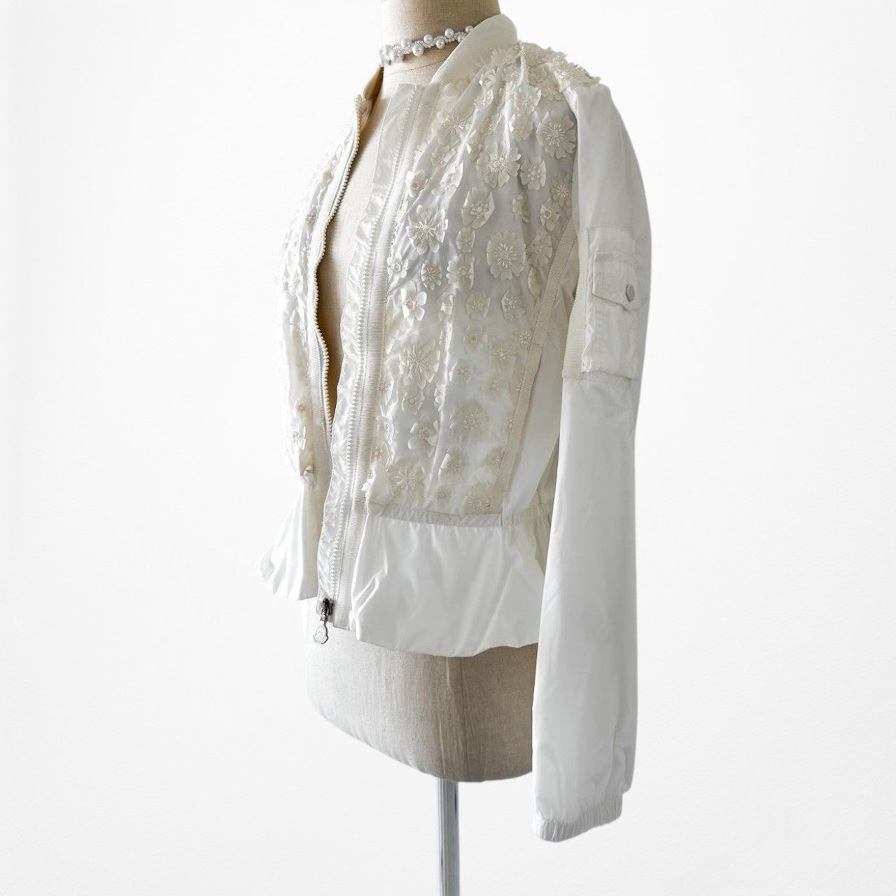 Moncler Designer Off White 3D Floral Flared Pleated Peplum Bomber Jacket Size S
