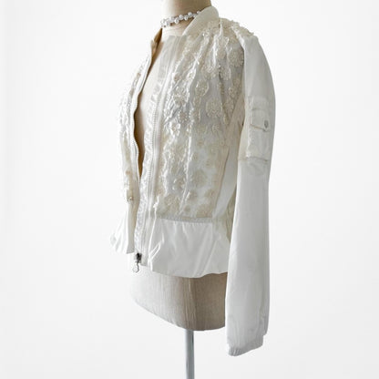 Moncler Designer Off White 3D Floral Flared Pleated Peplum Bomber Jacket Size S