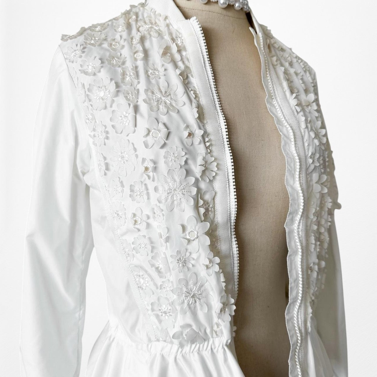 Moncler Designer Off White 3D Floral Flared Pleated Peplum Bomber Jacket Size S