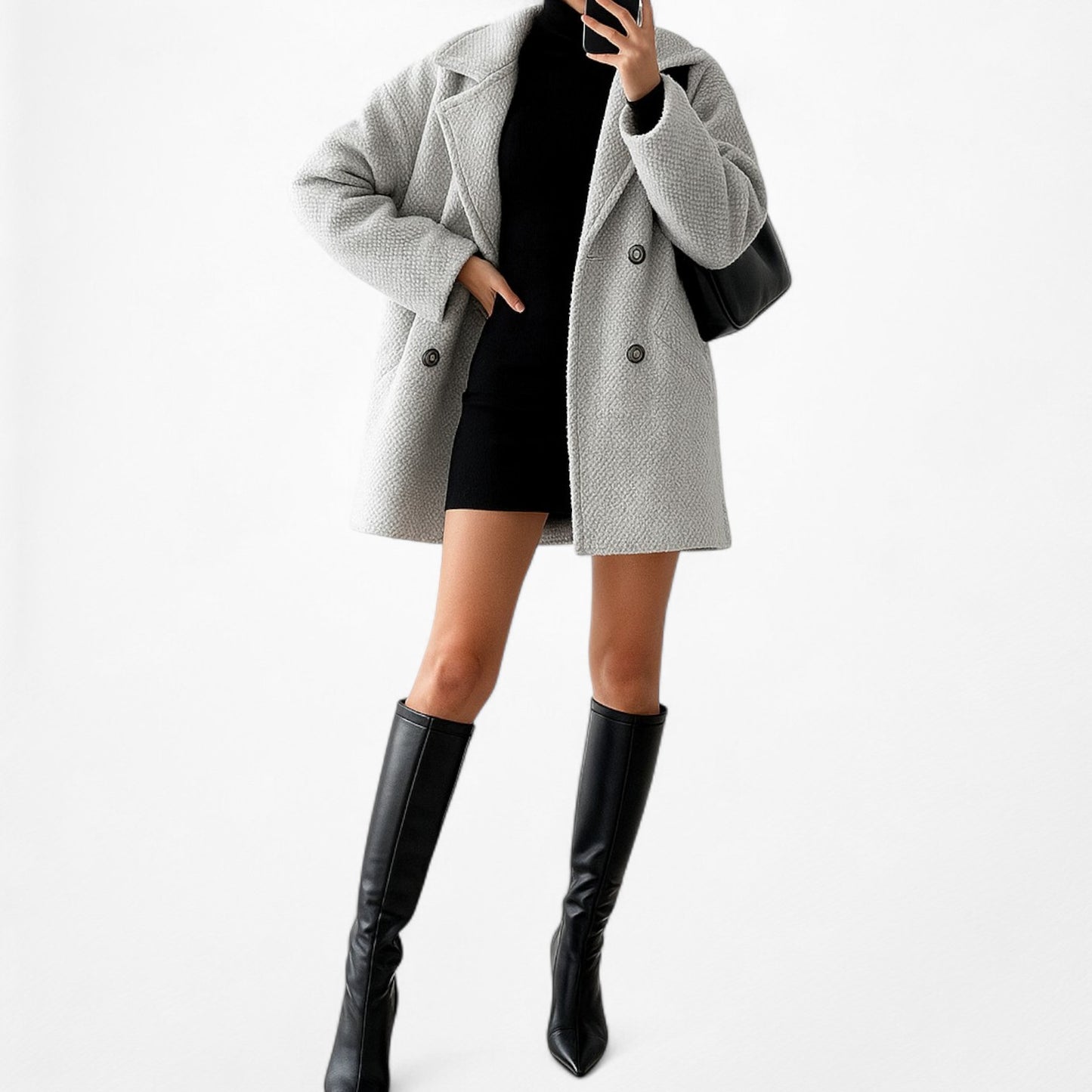 Mango Gray Double Breasted Wool Oversized Short Peacoat Jacket Size XS