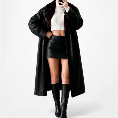 Black Vintage Authentic Leather Shoulder Padded Button Front Coat Jacket Size M