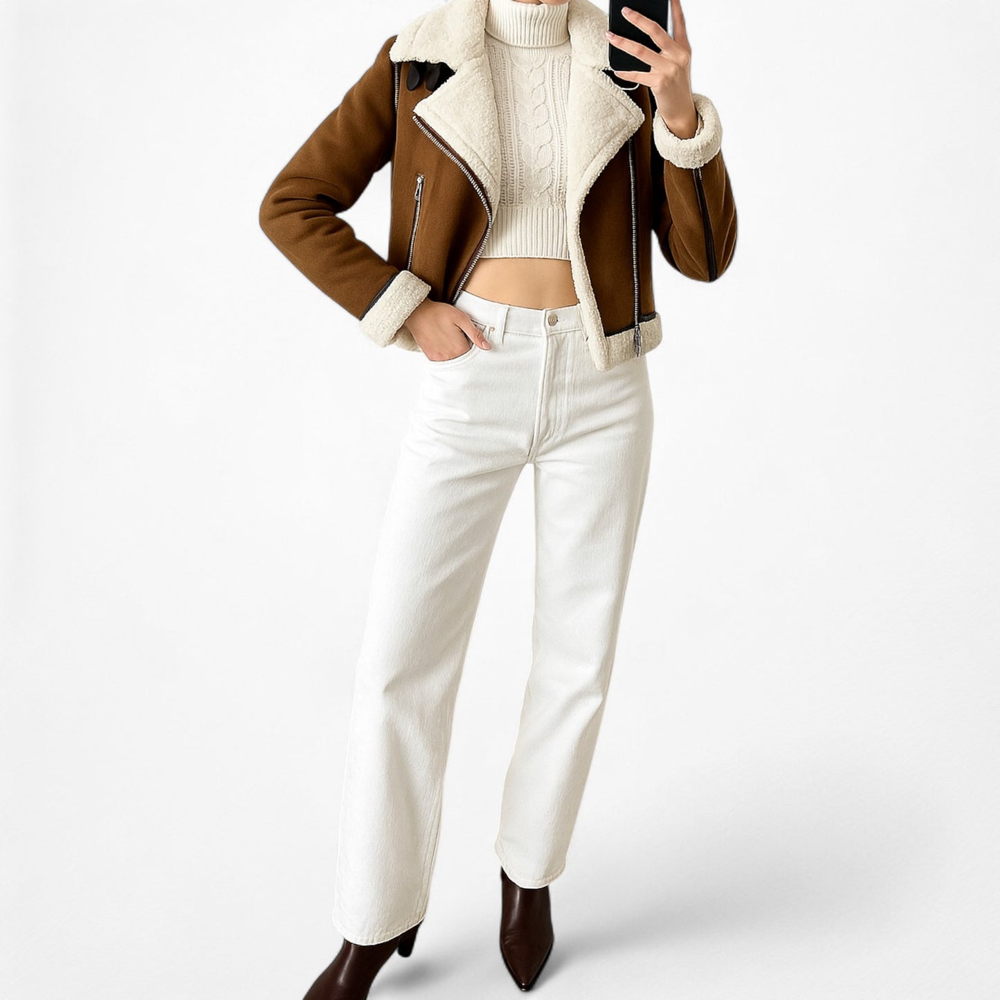 Zara Suede Brown Fleece Lined Buckle Detail Motorcycle Style Jacket Size S