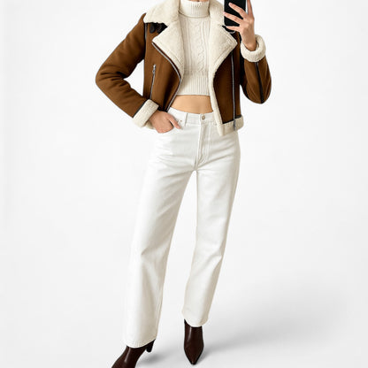 Zara Suede Brown Fleece Lined Buckle Detail Motorcycle Style Jacket Size S