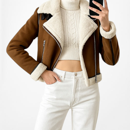 Zara Suede Brown Fleece Lined Buckle Detail Motorcycle Style Jacket Size S