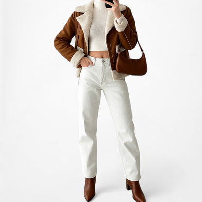 Brown White Fleece Faux Fur Suede Vintage Jacket Coat Size M