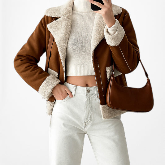 Brown White Fleece Faux Fur Suede Vintage Jacket Coat Size M