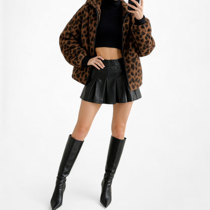 Loft Brown Black Oversized Leopard Print Bomber Style Hooded Jacket Size S