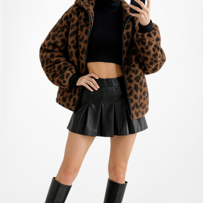 Loft Brown Black Oversized Leopard Print Bomber Style Hooded Jacket Size S