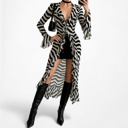 Black White Zebra Print Long Bell Sleeves Ruffle Maxi Cardigan Dress Size S