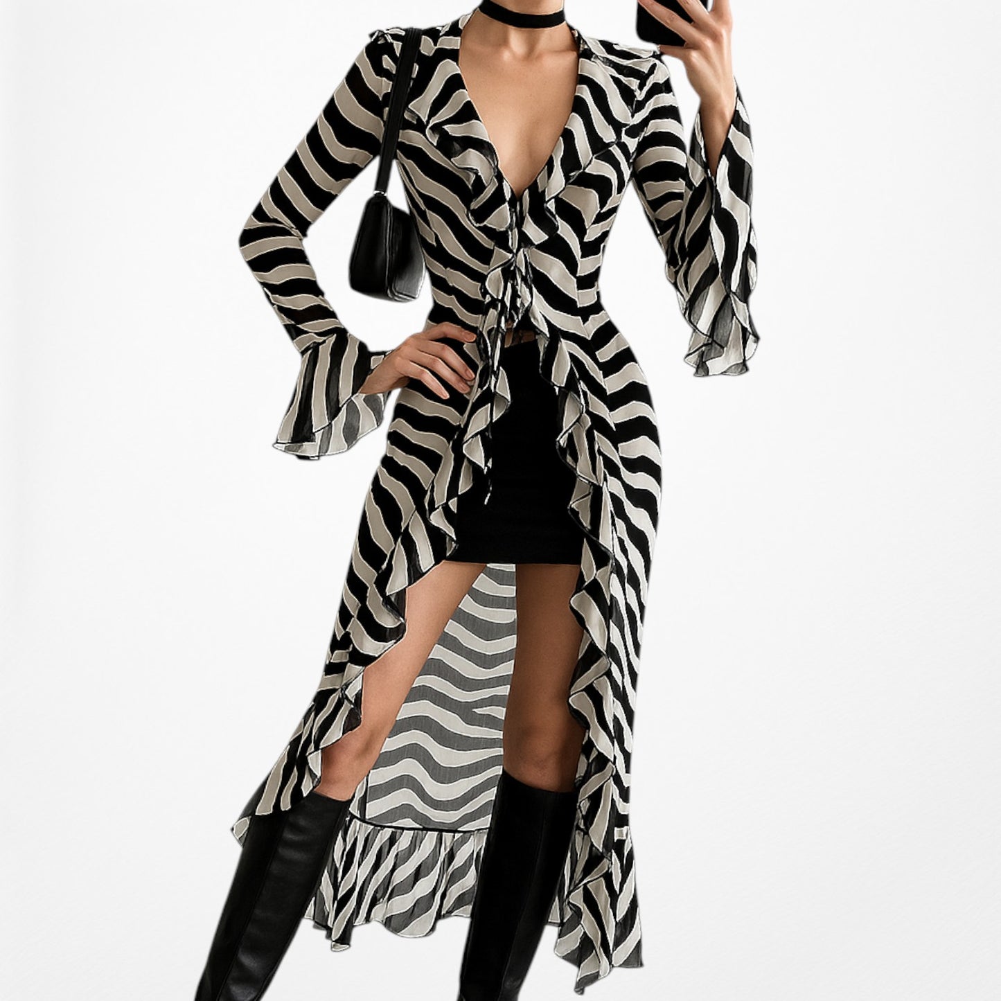 Black White Zebra Print Long Bell Sleeves Ruffle Maxi Cardigan Dress Size S