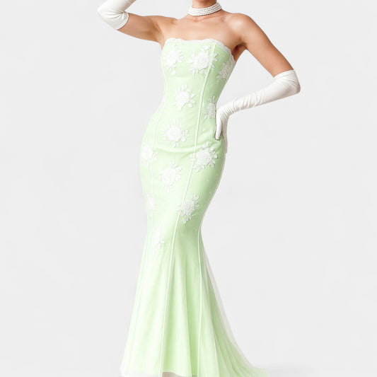 Vintage Green White Floral Beaded Embroidered Mesh Strapless Cocktail Formal Prom Dress Size S