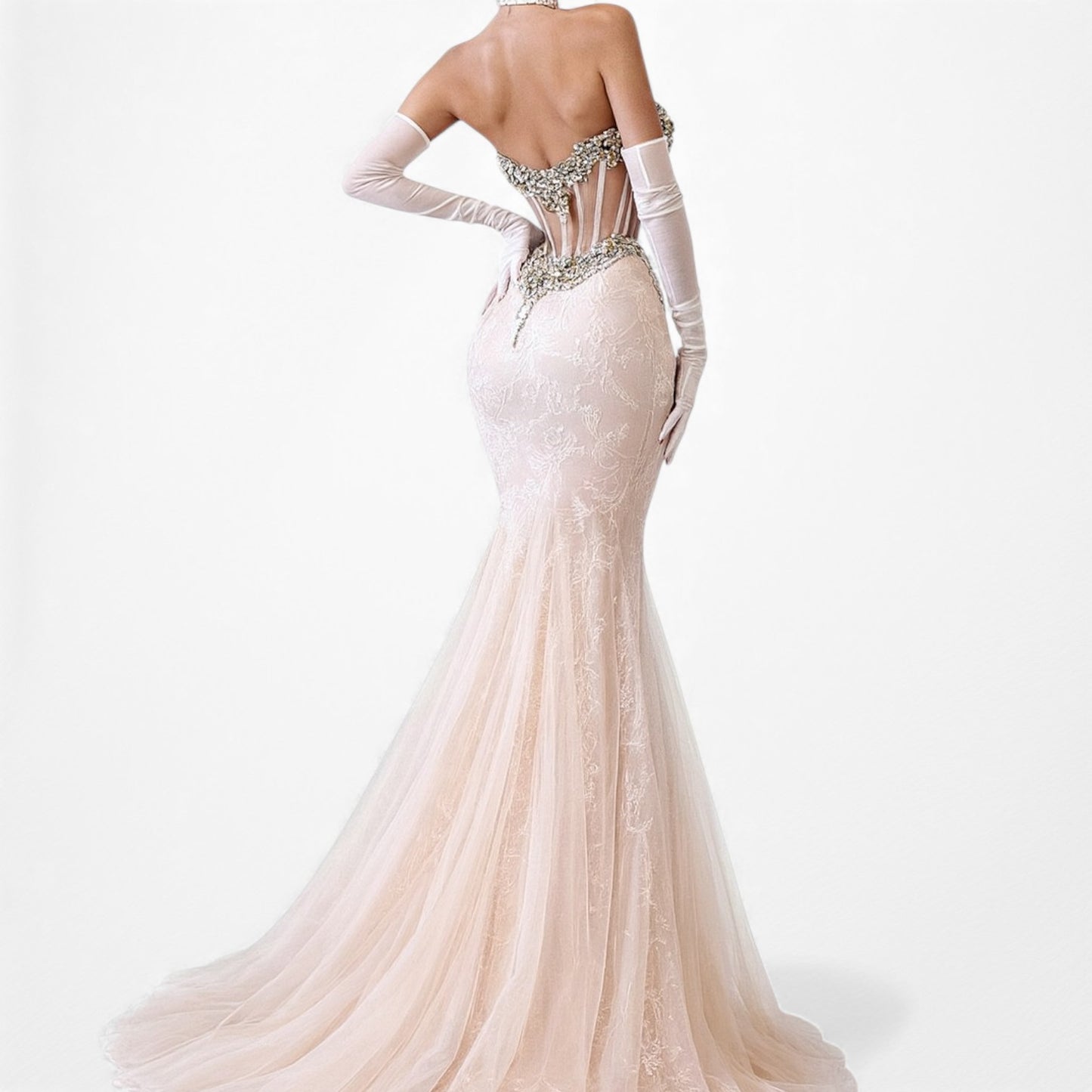 Vintage Pastel Pink Strapless Rhinestone Beaded Maxi Prom Dress Size XS