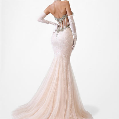 Vintage Pastel Pink Strapless Rhinestone Beaded Maxi Prom Dress Size XS