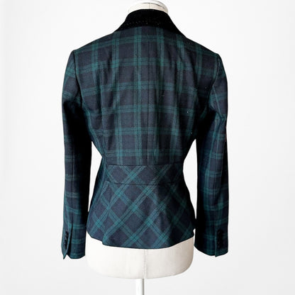 Vintage Y2K Blue Plaid Checkered Wool Blend Padded Shoulder Blazer Jacket Size S