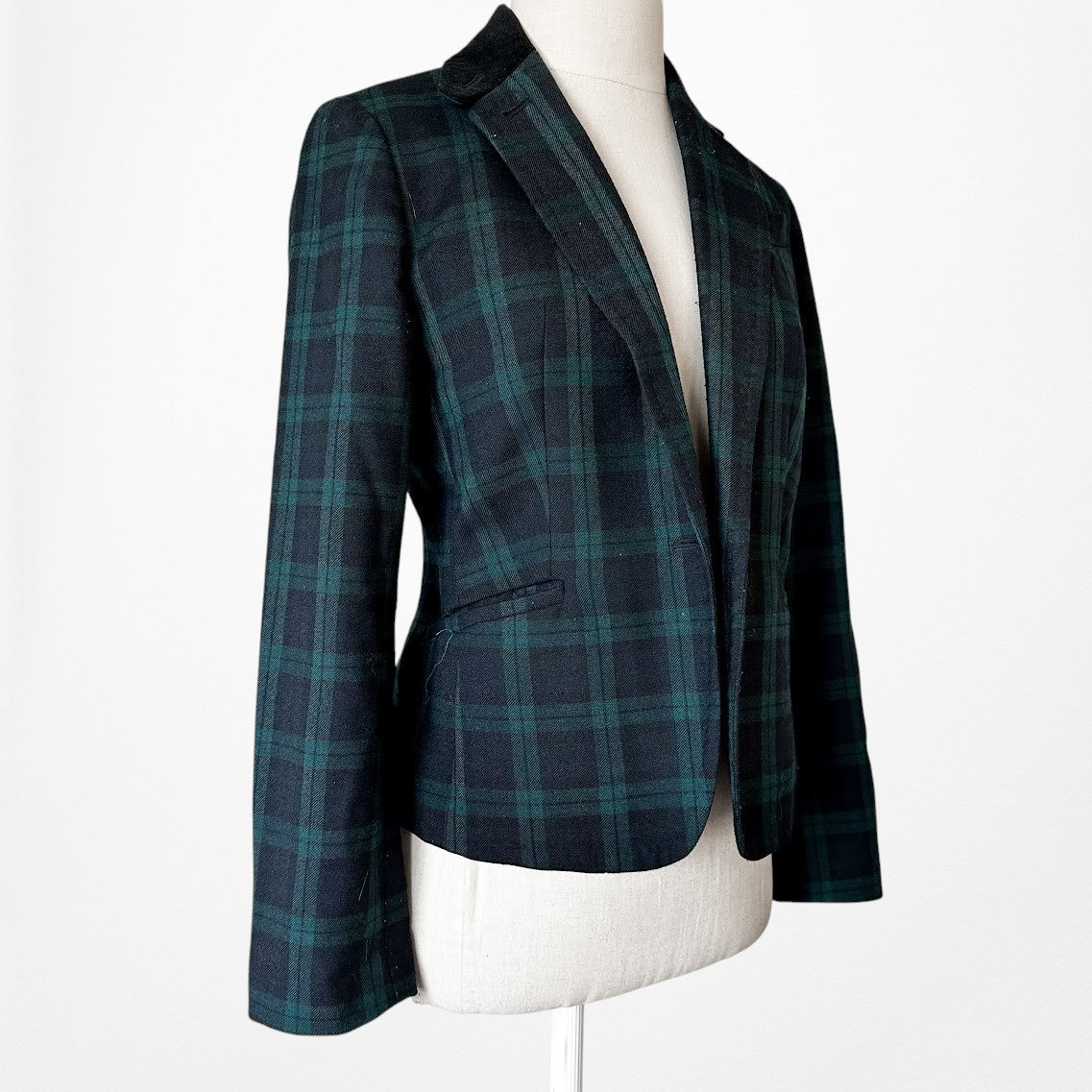 Vintage Y2K Blue Plaid Checkered Wool Blend Padded Shoulder Blazer Jacket Size S