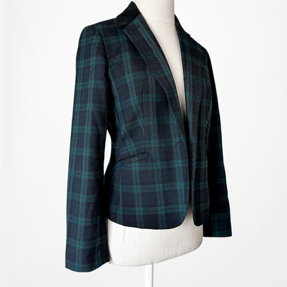 Vintage Y2K Blue Plaid Checkered Wool Blend Padded Shoulder Blazer Jacket Size S