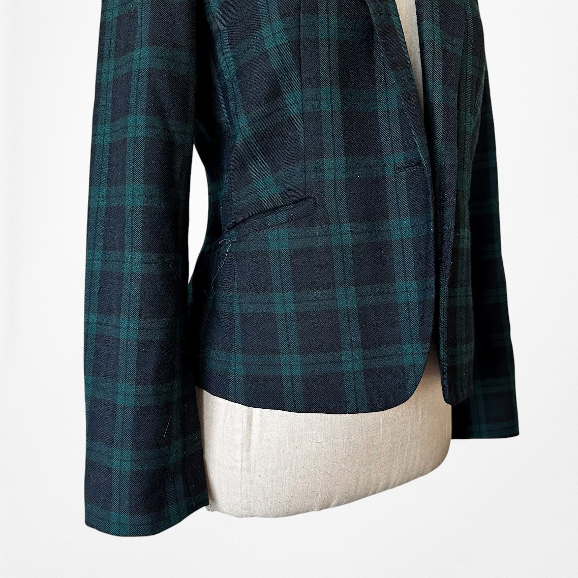 Vintage Y2K Blue Plaid Checkered Wool Blend Padded Shoulder Blazer Jacket Size S