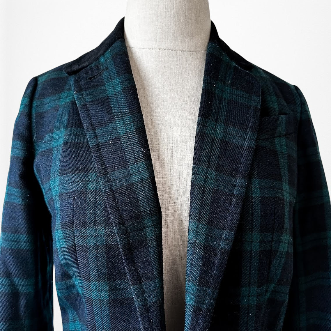 Vintage Y2K Blue Plaid Checkered Wool Blend Padded Shoulder Blazer Jacket Size S