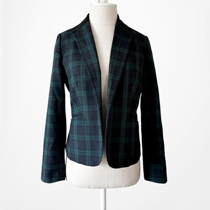 Vintage Y2K Blue Plaid Checkered Wool Blend Padded Shoulder Blazer Jacket Size S