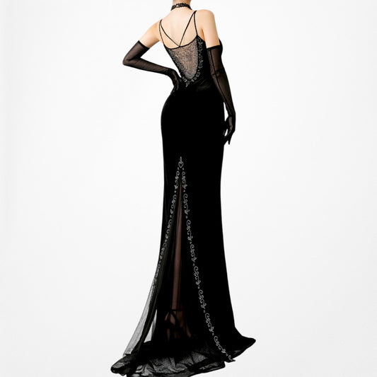 Vintage Black Velvet Beaded Maxi Bodycon Formal Prom Dress Size L