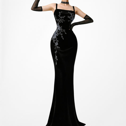 Vintage Black Floral Beaded Knit Velvet Bodycon Maxi Cocktail Formal Prom Dress Size L