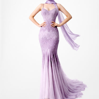 Vintage Y2K Pastel Purple V-Neck Beaded Bodycon Maxi Prom Dress Size M/L