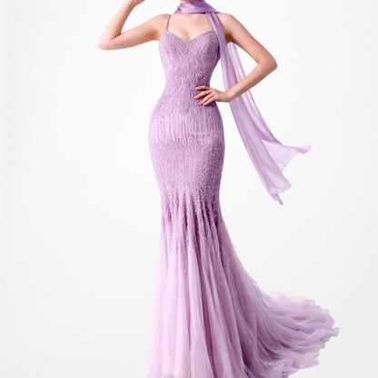 Vintage Y2K Pastel Purple V-Neck Beaded Bodycon Maxi Prom Dress Size M/L