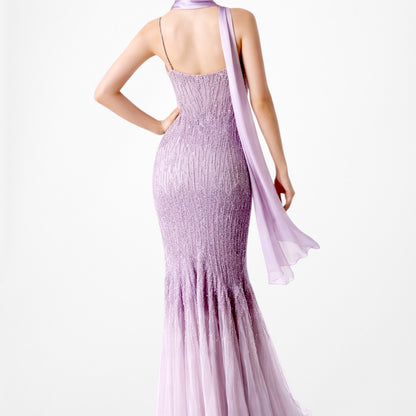 Vintage Y2K Pastel Purple V-Neck Beaded Bodycon Maxi Prom Dress Size M/L