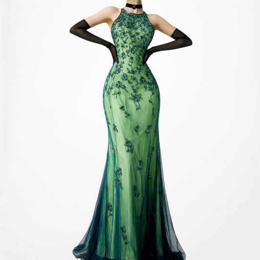 Vintage Y2K Green Floral Beaded Mesh Bodycon Maxi Prom Dress Size S