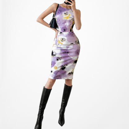 Vintage Purple White Sleeveless Floral Knee Length Bodycon Cocktail Summer Dress Size M