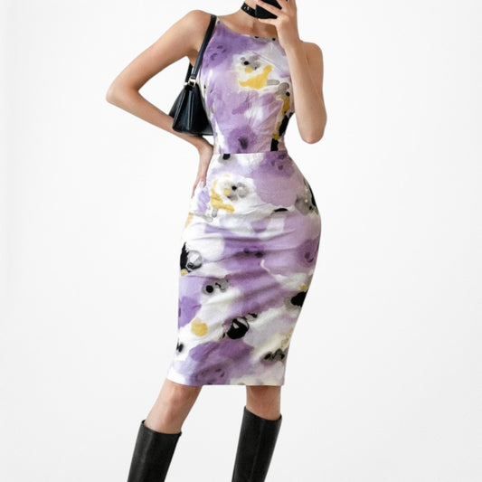 Vintage Purple White Sleeveless Floral Knee Length Bodycon Cocktail Summer Dress Size M
