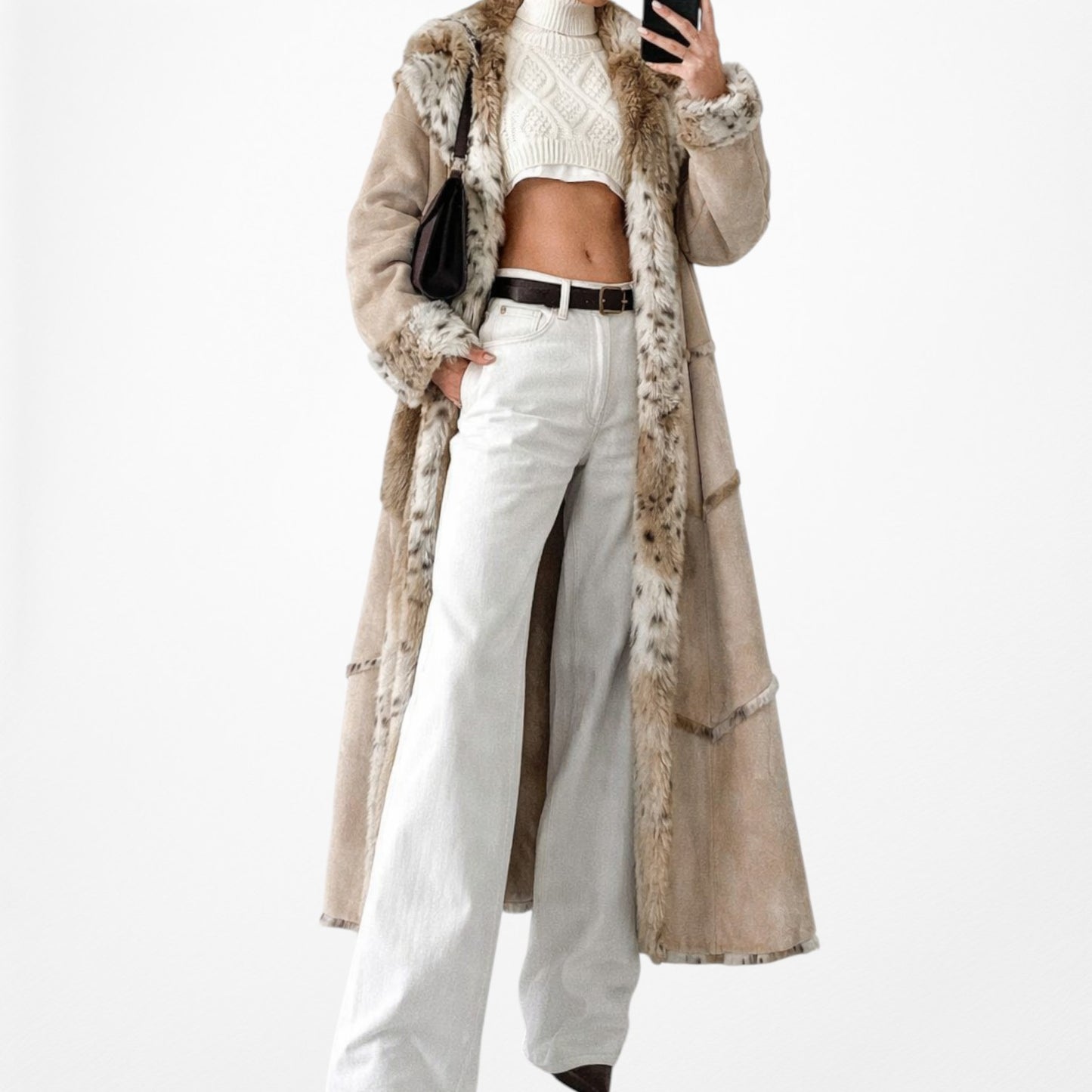 Brown Suede Leopard Faux Fur Lined Midi Penny Lane Teddy Coat Jacket Size L