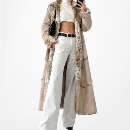 Brown Suede Leopard Faux Fur Lined Midi Penny Lane Teddy Coat Jacket Size L