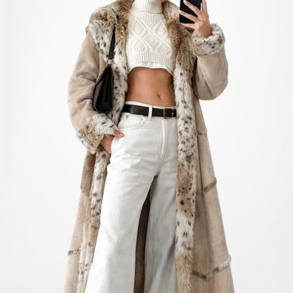 Brown Suede Leopard Faux Fur Lined Midi Penny Lane Teddy Coat Jacket Size L