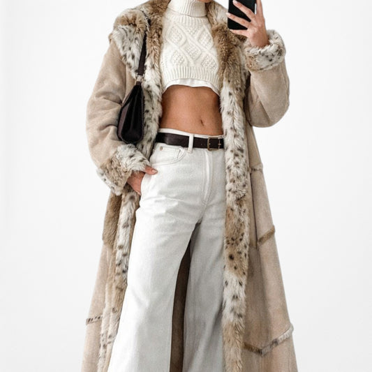 Brown Suede Leopard Faux Fur Lined Midi Penny Lane Teddy Coat Jacket Size L