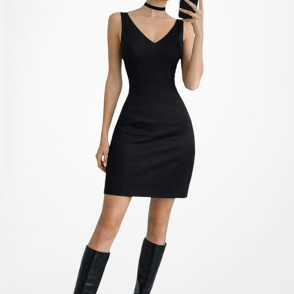 Vintage Y2K Black Sleeveless V-Neck Knee Length Bodycon Cocktail Dress Size M