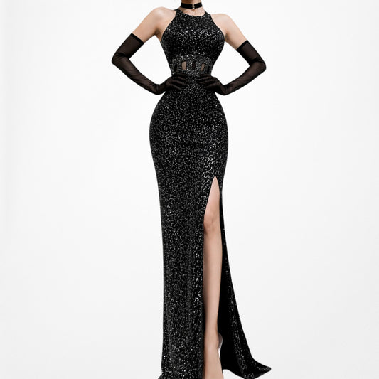 Vintage Black Beaded Silk Cutout Bodycon Maxi Slit Formal Prom Dress Size XS/S