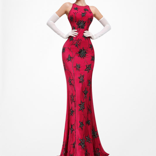 Vintage Y2K Pink Floral Beaded Bodycon Maxi Formal Prom Dress Size L